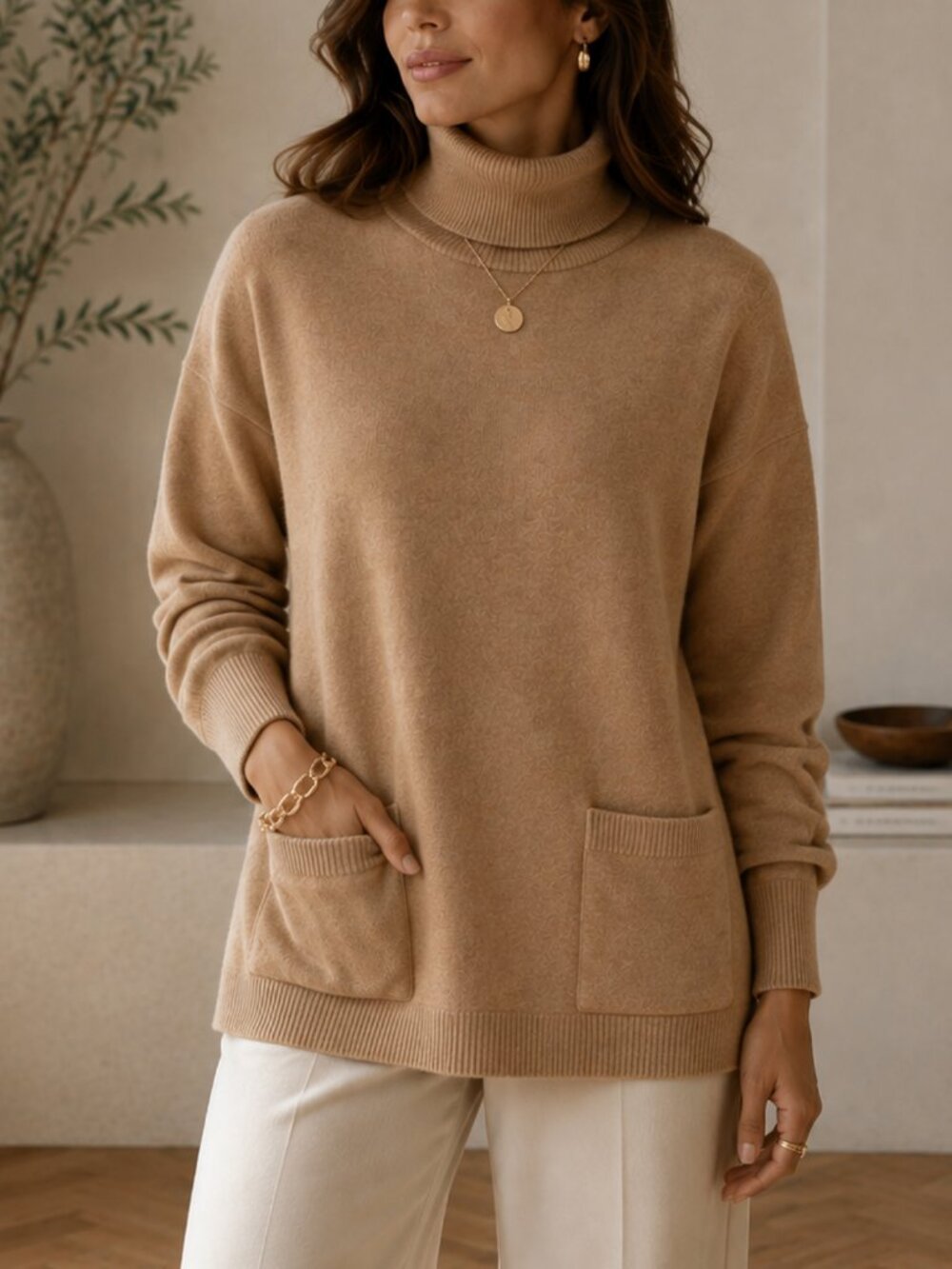 Max Studio Merino Wool Turtleneck Tunic Sweater M Camel Pockets Relaxed Fit New